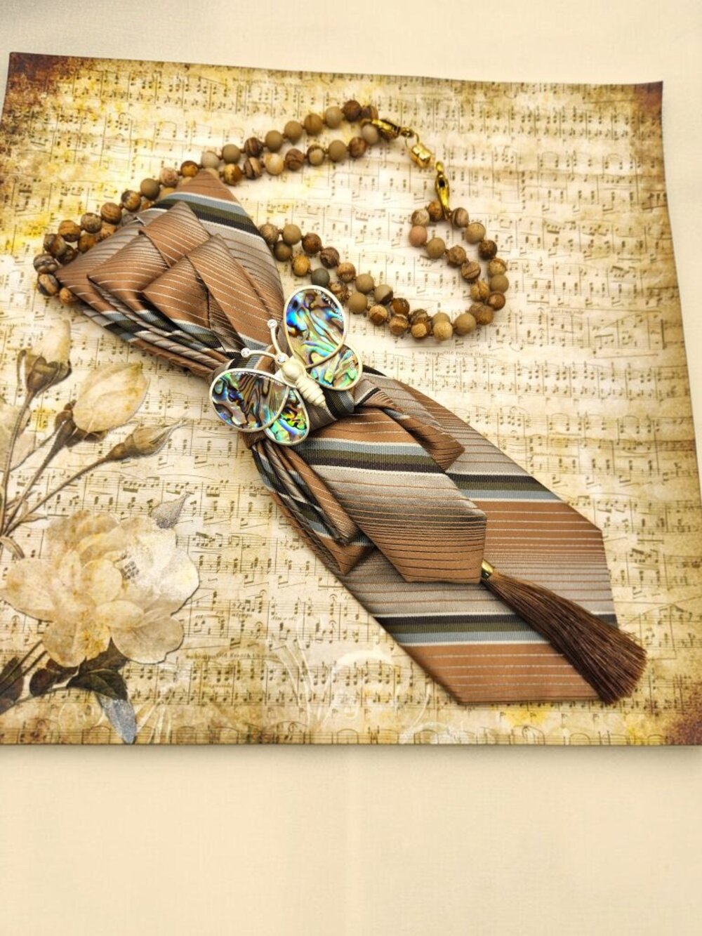 Upcycled Light Brown Green Silver Necktie Necklace Matt Painted Jasper Knotted